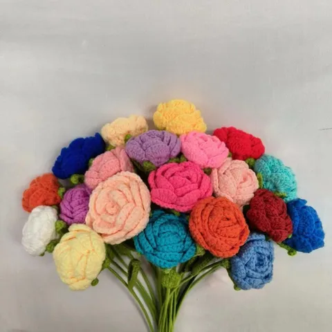 Handgemaakte Gehaakte Wol Rozenbloem Gebreide Kunstmatige Rozenboeket Enkele Stengel DIY Cadeau Thuis Bruiloft Decor