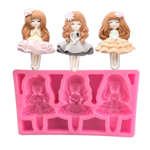 Silicone Princess Doll Cake Mold Three Holes Girl Shape Fondant Chocolate Sugar Craft Baking Tool Pink Decorative Pastry Mold