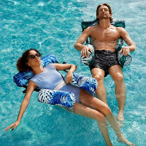 Inflatable Pool Float Foldable Water Hammock Lounge Chair With Backrest Tropical Leaf Print Beach Party Rafter