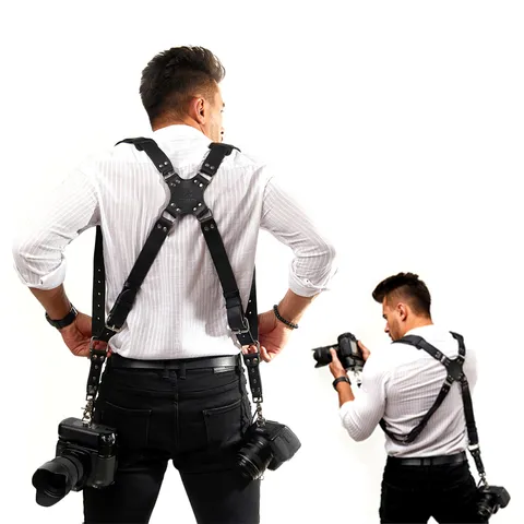 Courroie d'Appareil Photo en Cuir Véritable Vintage Photographie Extérieure Double Harnais Sangle de Cou pour Caméra DSLR SLR
