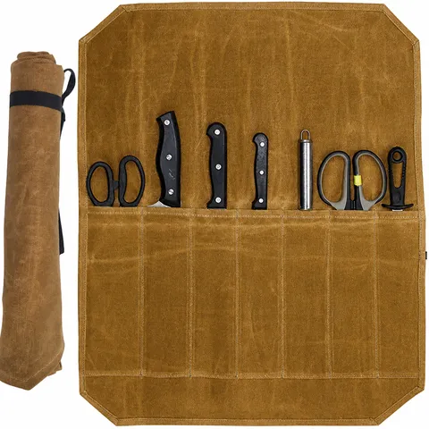 Sac Rouleau de Couteau de Chef en Toile Cirée Imperméable Organisateur de Rangement d'Outils de Pique-Nique de Camping en Plein Air Portable avec Plusieurs fentes