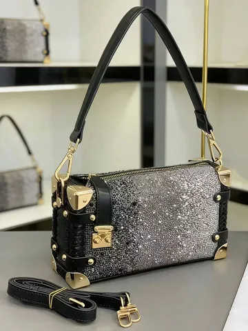 Women Fashion Rhinestone Shoulder Bag Synthetic Leather Luxury Trunk Bag Small Crossbody Handbag For Daily Commute