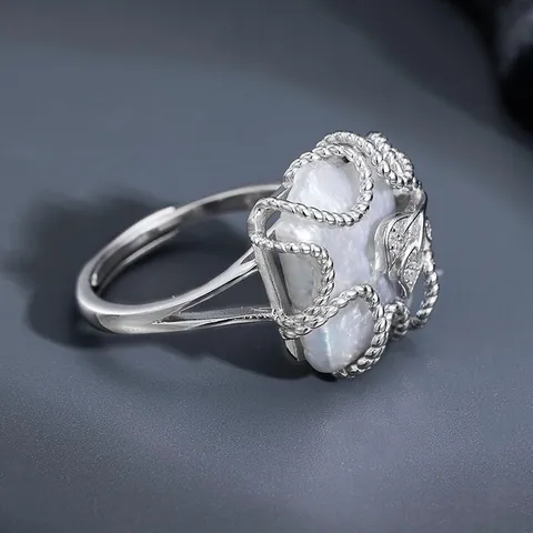 Bague Ouverte en Argent Sterling 925 Avec Perle d'Eau Douce Baroque Carré Géométrique Réglable Strass Bague Pour Femme Bijoux