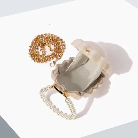 Women Evening Bag Acrylic Pearl Beaded Handbag Luxury Designer Style Shell Shaped Chain Shoulder Bag For Banquet Party Wedding