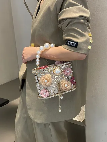 Borsa da Sera Traforata in Metallo Strass Perla Artificiale Pochette Rigida in Acrilico Borsa a Tracolla da Donna Festa di Banchetto