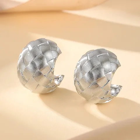 Boucles d'Oreilles Créoles C Tressées Vintage Français Cuivre Plaqué Or Tige Argent Sterling 925 Clous Géométriques Femme