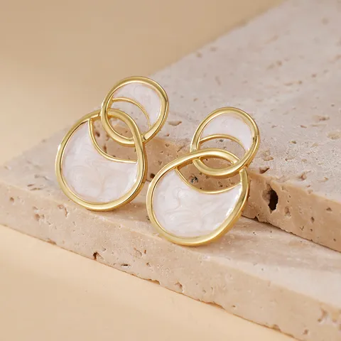 Boucles d'Oreilles Clous Vintage Français en Cuivre Plaqué Or Double Anneau Émail Glaçure Géométrique Irrégulier Avec Tige en Argent Sterling 925 pour Femme Bijoux