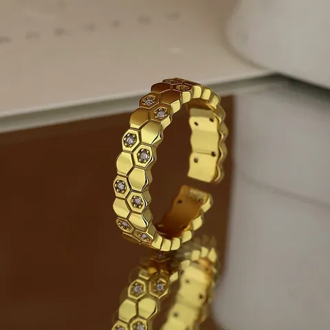 Bague Ouverte en Argent Sterling 925 Nid d'abeille pour Femme Géométrique Hexagone Incrustée de Zirconia Ajustable Bijoux