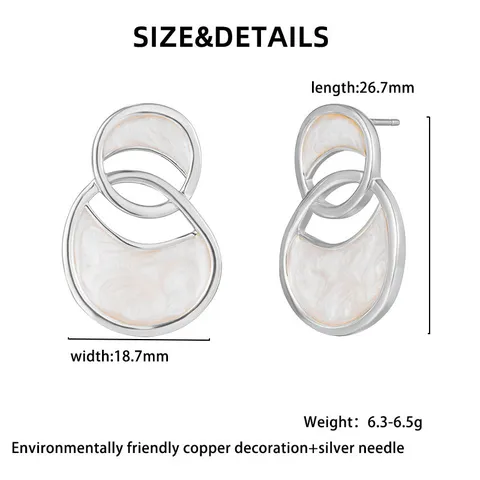 Boucles d'Oreilles Clous Vintage Français en Cuivre Plaqué Or Double Anneau Émail Glaçure Géométrique Irrégulier Avec Tige en Argent Sterling 925 pour Femme Bijoux