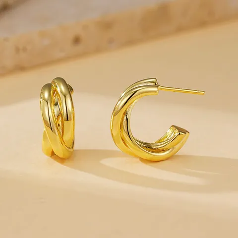 Boucles d'Oreilles Clous Géométriques en C à Double Couche Minimaliste Français pour Femmes Bijoux en Cuivre Tige Argent 925