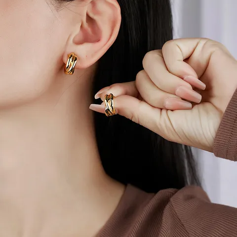 Boucles d'Oreilles Clous Géométriques en C à Double Couche Minimaliste Français pour Femmes Bijoux en Cuivre Tige Argent 925