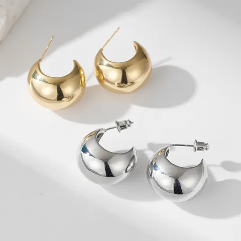 Boucles d'Oreilles Anneaux en Cuivre en Forme de C Avec Tige en Argent Sterling 925 Clous d'Oreilles Électroplaqués Lisses Demi-Ronds Épais Bijoux pour Femmes