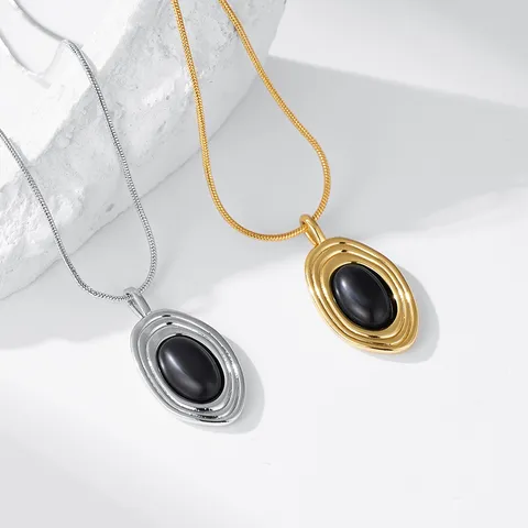Collier Long en Cuivre Agate Noire Femme Chaîne Serpent Réglable Pendentif Géométrique Plaqué Or Argent Bijoux Fantaisie