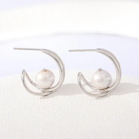 Boucles d'Oreilles Clous en Argent Sterling 925 Perles Artificielles Baroques Électroplaqué Or Argent Géométrique Double Couche Ligne Courbe Bijoux Femme