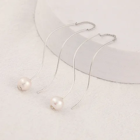 Boucles d'Oreilles en Fil d'Argent Sterling 925 en Forme de S Élégantes Longues Boucles d'Oreilles Perle Artificielle Bijoux de Mode INS
