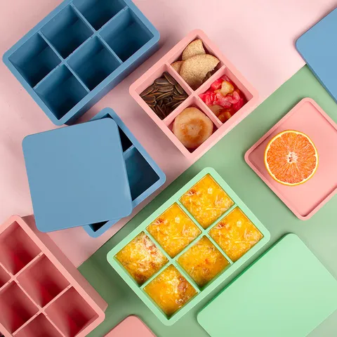 Silicone Food Storage Box Freezer Tray Mold with Lid Meal Prep Container Ice Cube Tray Kitchen Storage Organizer