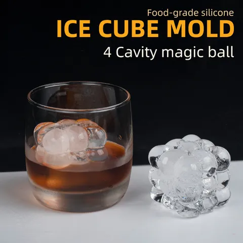 4-Cavity Silicone Ice Cube Mold Magic Ball Sphere Ice Maker Tray With Funnel Dual Buckle For Whisky Cocktails