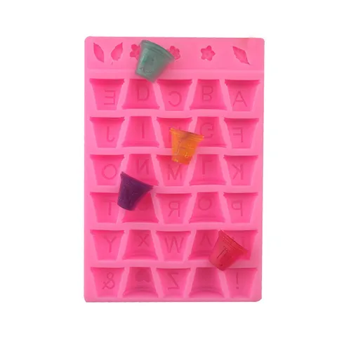 Silicone Flower Pot Letter Mold Floral Alphabet Fondant Chocolate Soap Resin Plaster Baking Decorating Mold Pink