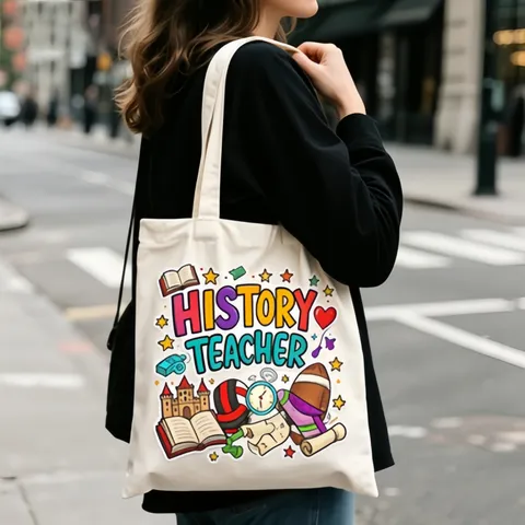 Regenbogen Cartoon Bedruckt Segeltuch Tragetasche Cremeweiß Baumwolltuch Schultertasche Shopper Für Lehrer Krankenschwester Gärtner Beruf Thema Große Einkaufstasche