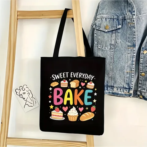 Women Black Canvas Tote Bag Cartoon Rainbow Letter Print Shopping Handbag Large Capacity Streetwear Shoulder Bag Casual Holiday Beach Travel Bag