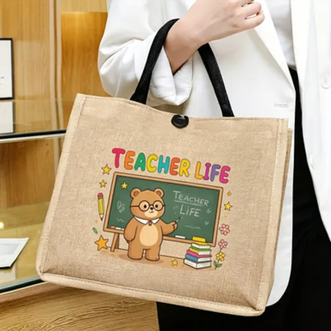 Jute Tote Handbag Graphic Print Burlap Shopping Bag Reusable Flax Shoulder Pack Eco Friendly Utility Tote For Daily Work Travel Carry
