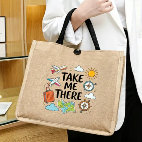 Jute Tote Handbag Graphic Print Burlap Shopping Bag Reusable Flax Shoulder Pack Eco Friendly Utility Tote For Daily Work Travel Carry