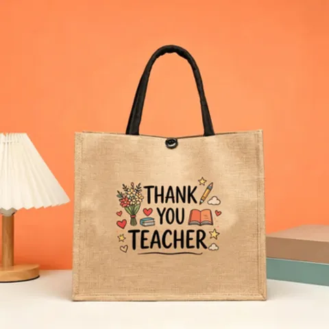 Jute Teacher Appreciation Tote Bag Vintage Linen Shopping Handbag Large Capacity Gift For Teachers Floral Print Burlap Bag