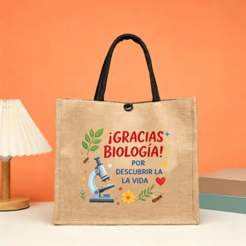 Spanish Subject Education Printed Jute Tote Bag Cartoon Illustration Large Capacity Burlap Handbag For Teachers Shopping Gift