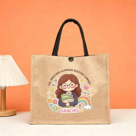 American Style Grandma Blessing Jute Tote Bag Education Theme Burlap Handbag Teachers Day Gift Printed Casual Open Top Shopping Bag For Women