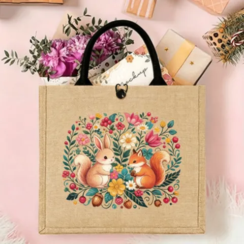 Nordic Folk Jute Tote Bag Retro Ethnic Floral Bird Rabbit Print Cotton Linen Burlap Handbag For Daily Shopping Travel Large Tote