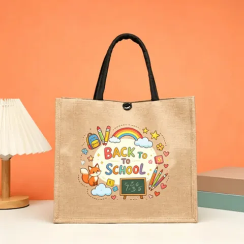 Cartoon Print Cotton Linen Tote Bag Reusable Jute Burlap Handbag For Teacher Day Back To School Shopping Travel Gift