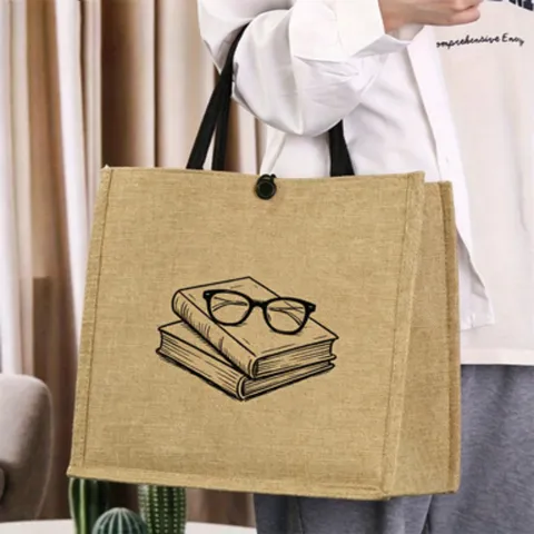Cute Animal Plant Line Art Jute Tote Bag Vintage Urban Minimalist Woven Fabric Shopping Handbag Shoulder Bag For Women Daily Wear