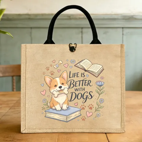 Jute Baumwollleinen Lunchtasche Karikatur Tier Bedruckt Handtasche Büro Aufbewahrung Tote Bag Mit Doppelriemen