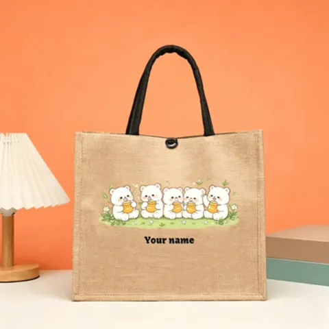 Natural Jute Tote Bag For Women Eco Friendly Burlap Handbag With Black Handles Casual Large Capacity Printed Top Handle Shoulder Bag
