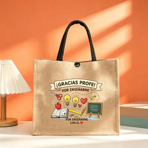 Jute Tote Bag Natural Eco Friendly Burlap Shopping Bags Cute Cartoon Printed Handbag Large Capacity Lunch Box Bento Gift Bag For Teacher