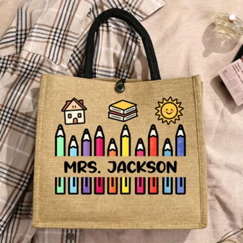 Teacher Gift Jute Tote Bag Cartoon Print Linen Handbag Large Capacity Reusable Burlap Shopping Bag For Women