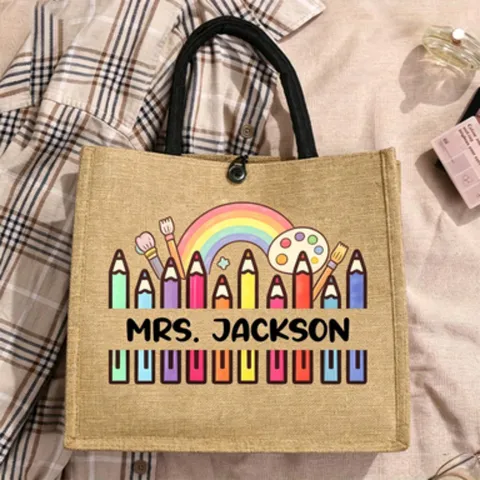 Teacher Gift Jute Tote Bag Cartoon Print Linen Handbag Large Capacity Reusable Burlap Shopping Bag For Women
