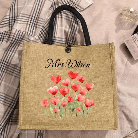 Personalized Teacher Gift Floral Jute Tote Bag Custom Name Linen Handbag For Women Botanical Printed Reusable Shopping Bag