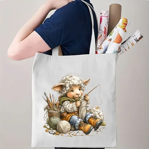 Retro Cartoon Schaap Canvas Tote Bag Schattig Breiend Lam Bedrukt Schoudertas Grote Capaciteit Herbruikbare Boodschappentas Voor Dames Casual Handtas
