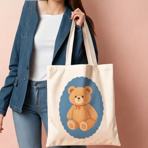 Cute Cartoon Animal Printed Canvas Tote Bag Sweet Blue Lace Edge Shoulder Handbag Large Capacity Shopping Cloth Bag For Student Girl Daily Matching