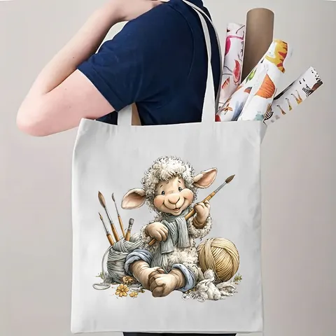 Retro Cartoon Schaap Canvas Tote Bag Schattig Breiend Lam Bedrukt Schoudertas Grote Capaciteit Herbruikbare Boodschappentas Voor Dames Casual Handtas