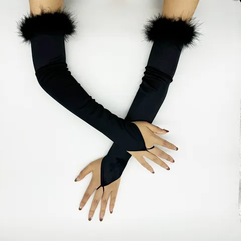 Femme 1920s Vintage Longs Gants en Satin Gants d'Opéra avec Boucle de Doigt et Garniture de Plumes Accessoires de Costume de Fête