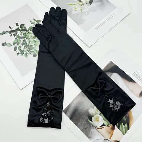 Gants Longs en Satin pour Femmes Nœud Dentelle Gants d'Étiquette de Mariage Élégants Gants de Mariée Opéra Performance Fête Accessoires de Costume