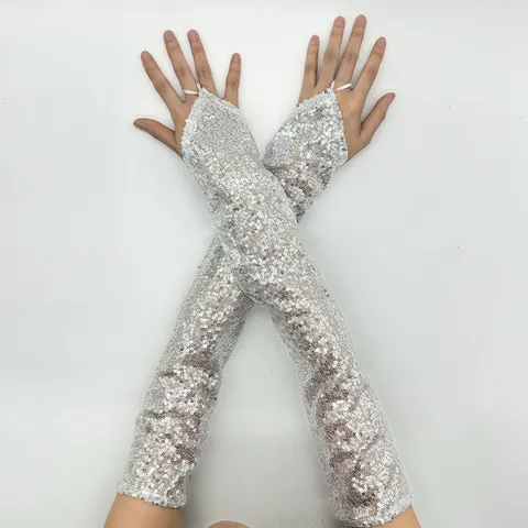 Gants Longs Sans Doigts en Paillettes pour Femmes Brillants Métalliques Performance sur Scène Fête Accessoire de Costume Cosplay