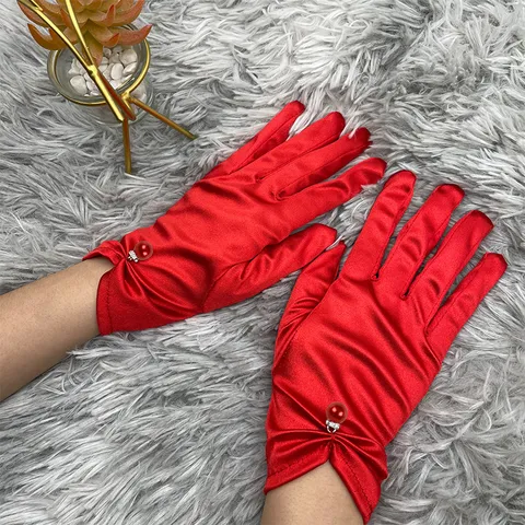 Femmes Élégants Gants Courts en Satin avec Perles Mariage Soirée Bal Extensible Accessoires de Mode