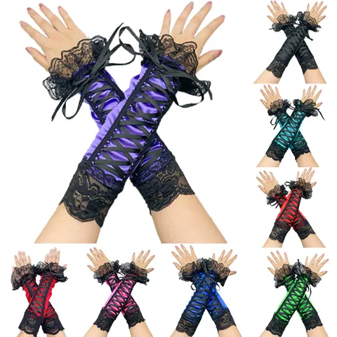 Manchettes en Dentelle Gothique Lolita pour Femmes en Satin Laçage Croisé Gants Longs Sans Doigts Cosplay Costume de Scène