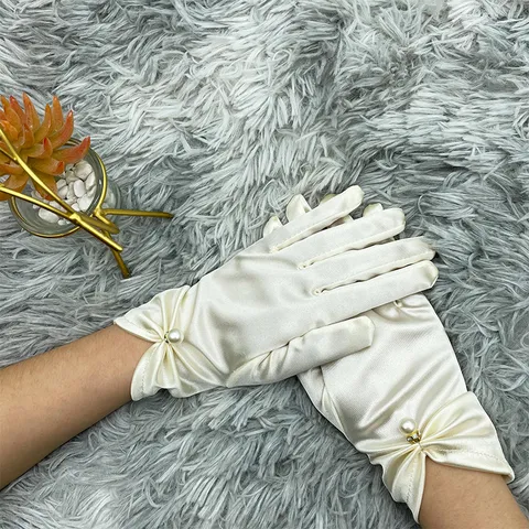 Femmes Élégants Gants Courts en Satin avec Perles Mariage Soirée Bal Extensible Accessoires de Mode