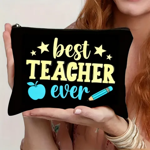 Polyester Zipper Makeup Bag Printed Best Teacher Ever Letter Floral Pattern Cosmetic Storage Pouches Handbag Birthday Gifts