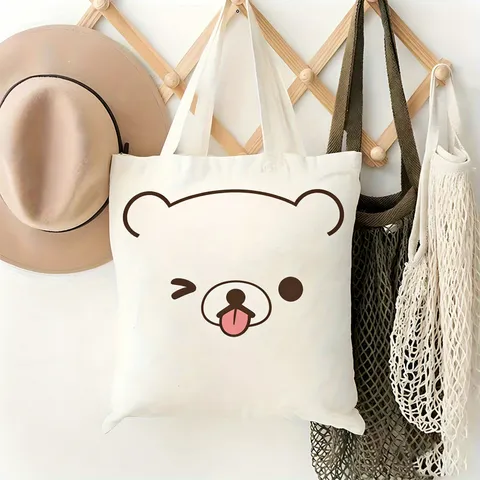Mode Bedruckt Segeltuch Tote Bag Minimalistisch Cartoon Bär Handtasche Großes Fassungsvermögen Lässige Schultertasche Für Reise Strand Unisex