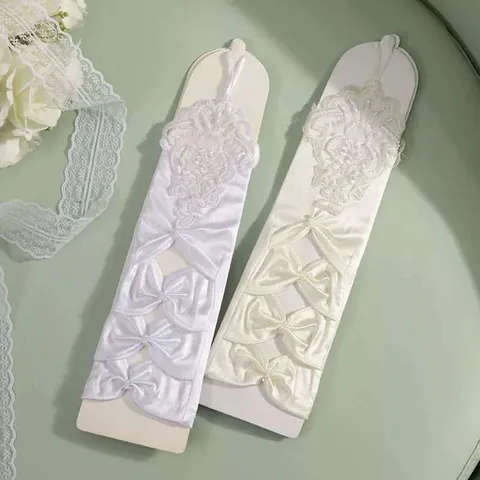 Women Long Satin Lace Bridal Gloves Elegant Wedding Evening Party Stage Performance Accessories One Size